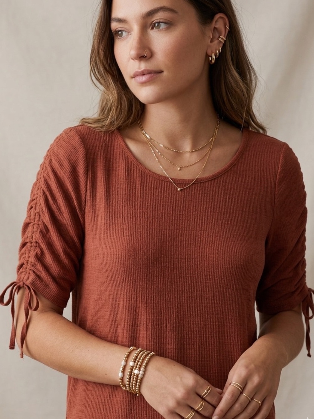 Max Studio Rust Ruched Sleeve Textured Knit Top